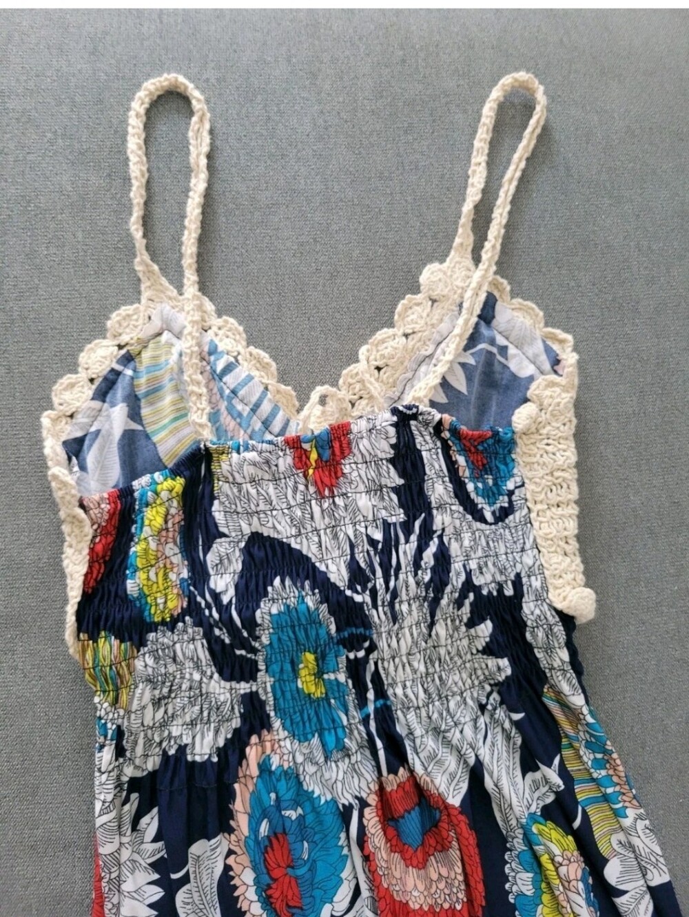 Crochet Maxi Sun Dress Tan Blue Empire Waist Cottagecore Boho Festival Fairy M - Picture 5 of 7